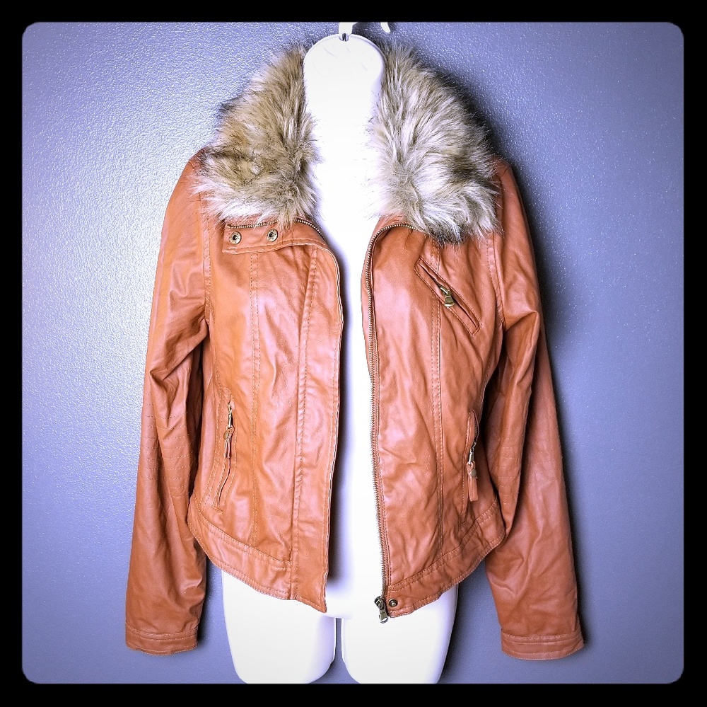 NWT Wet Seal Fur Lined Collar Tan Leather Jacket